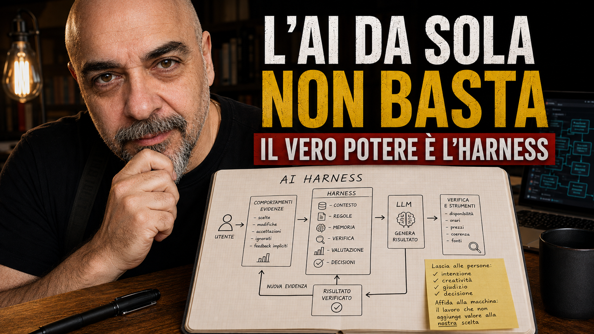 Diagramma concettuale di un AI Harness, l'architettura che permette a un'applicazione AI di verificare informazioni, imparare dal contesto ed evolvere nel tempo.