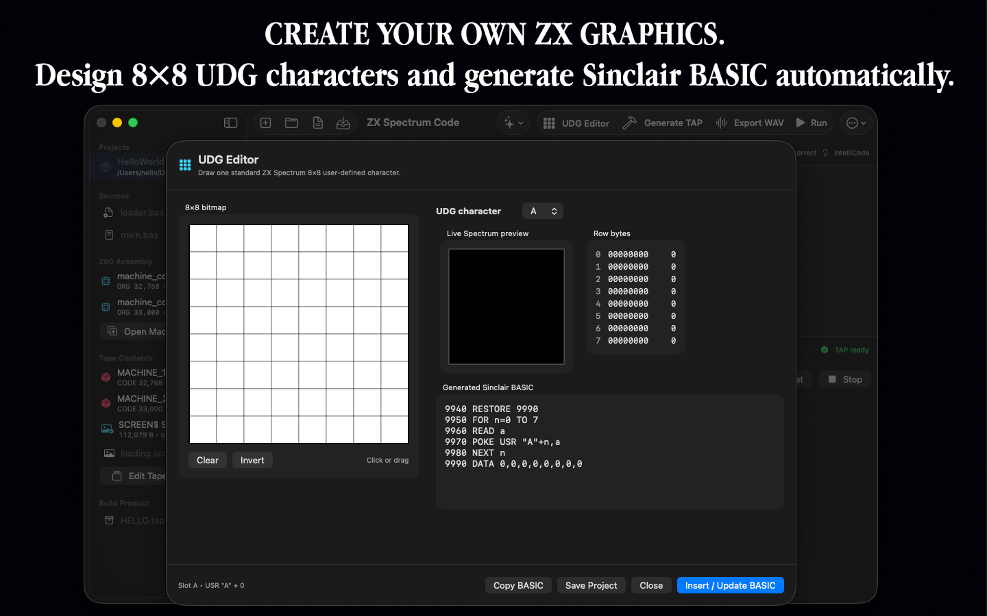 UDG editor for designing 8 by 8 ZX Spectrum characters