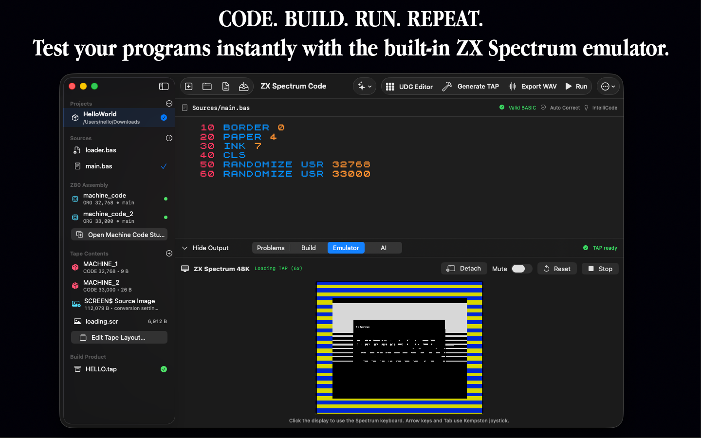 Embedded ZX Spectrum emulator running a BASIC program inside the IDE