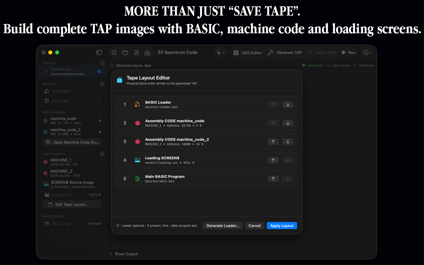 Tape Layout Editor arranging BASIC, CODE and SCREEN blocks