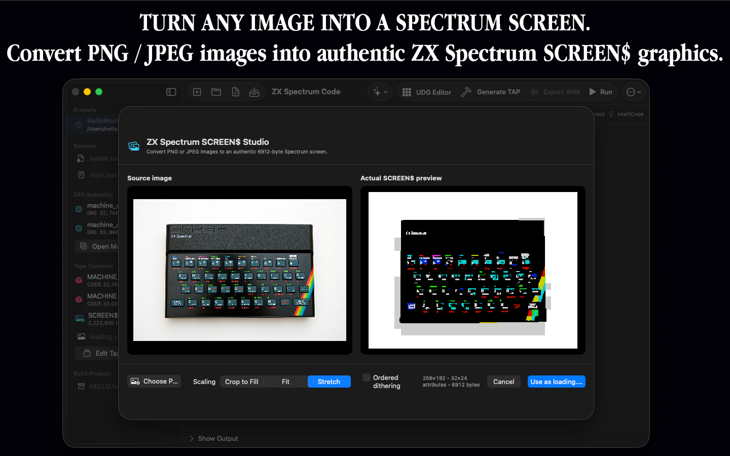 SCREEN$ Studio converting a PNG image to ZX Spectrum graphics