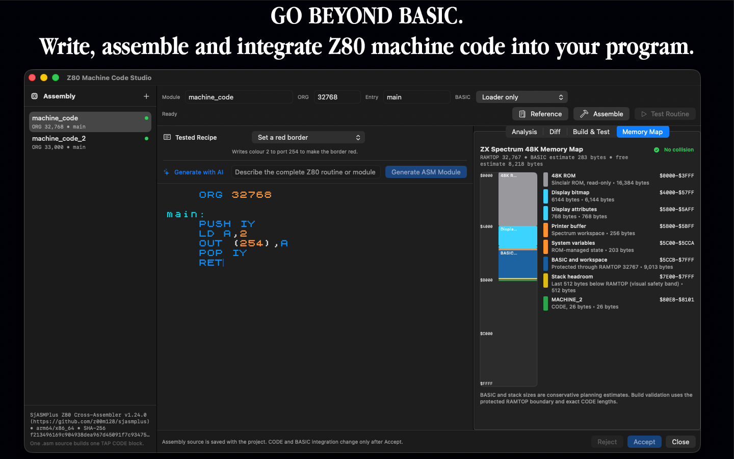 Z80 Machine Code Studio with assembler, modules and Spectrum memory map