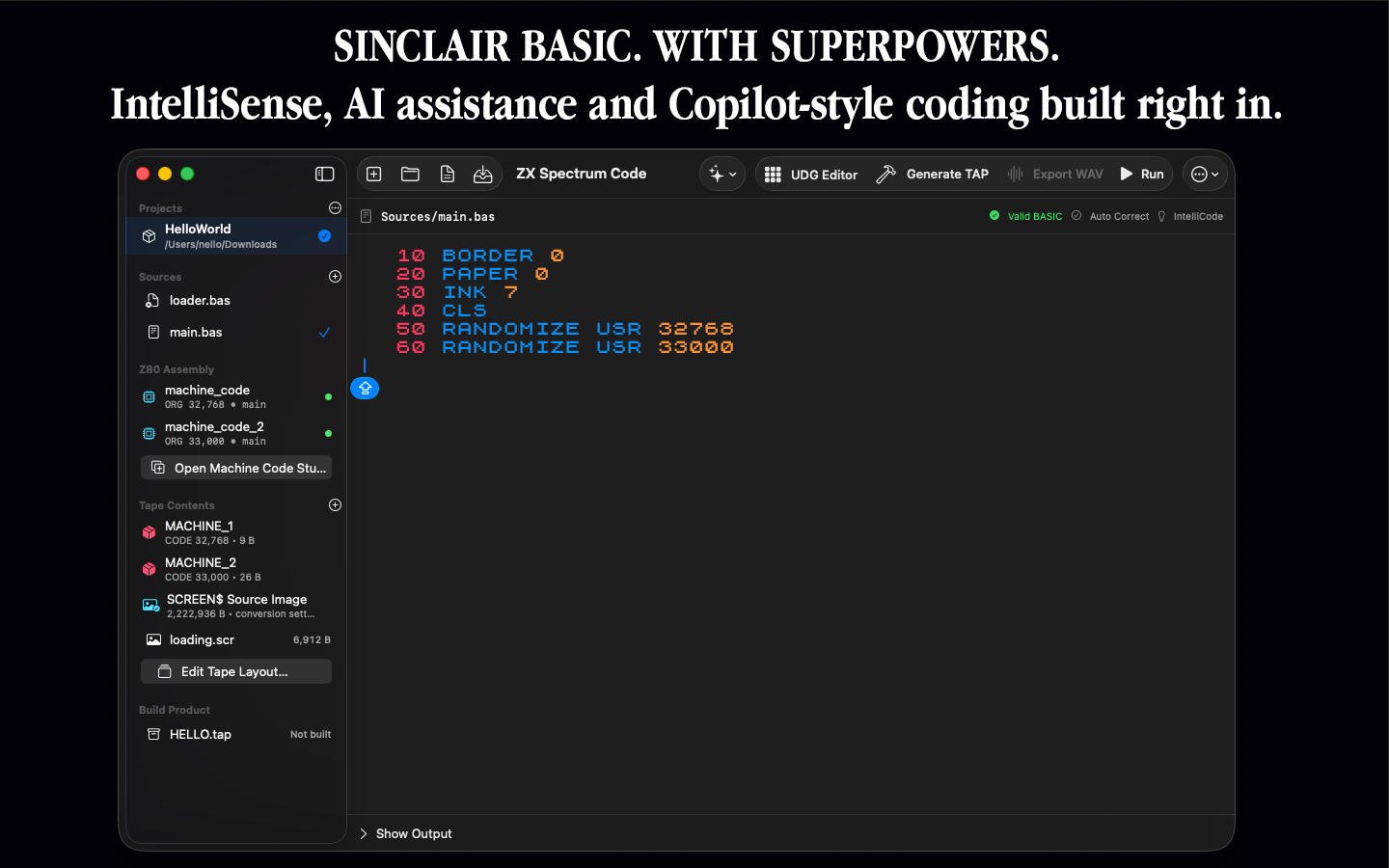 ZX Spectrum Code and Compiler editor showing Sinclair BASIC, IntelliSense and AI tools